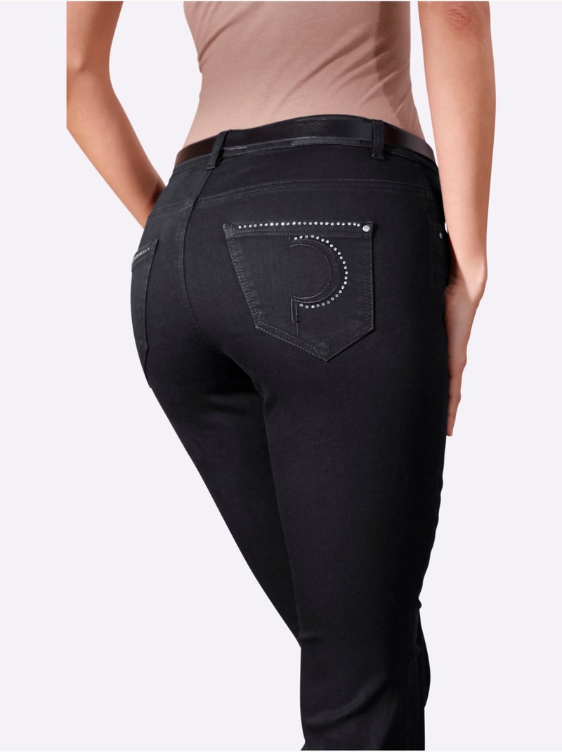 Jean 5 Poches Poches Avec Broderie Et Pierres Fantaisie - Taille Courte - Helline Noir - Kiabi