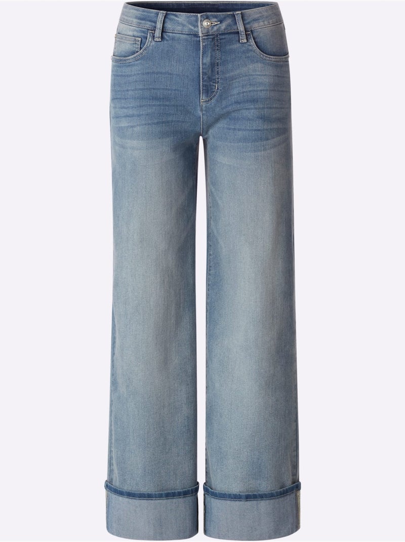 Jean 5 poches revers des jambes fixe - taille standard - helline Bleu Blanc - Kiabi