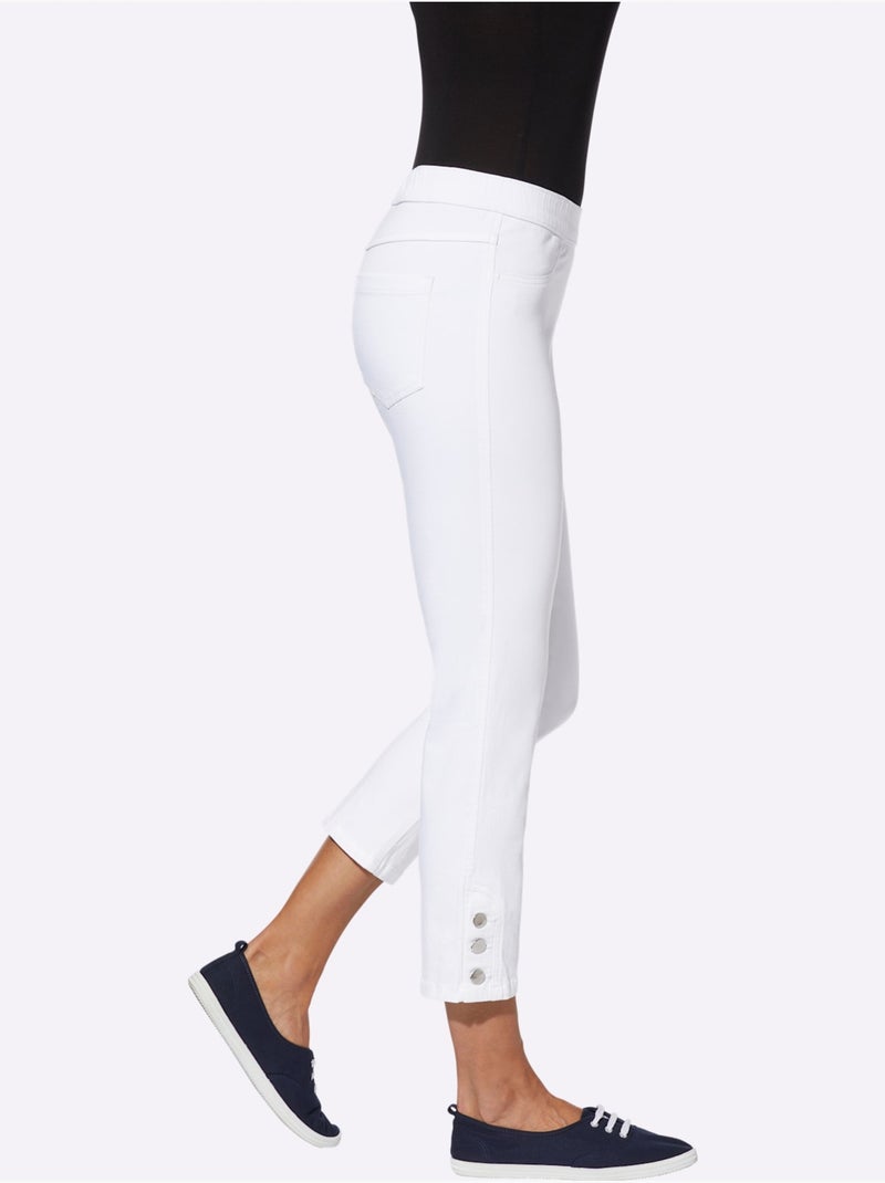 Jean 7/8 avec ceinture élastique et boutons décoratifs sur le bas - Taille standard - Moda Vilona Blanc - Kiabi