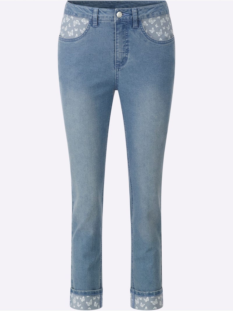 Jean 7/8 avec empiècements à motifs papillon et poches décoratives - Taille standard - Moda Vilona Bleu Blanc - Kiabi