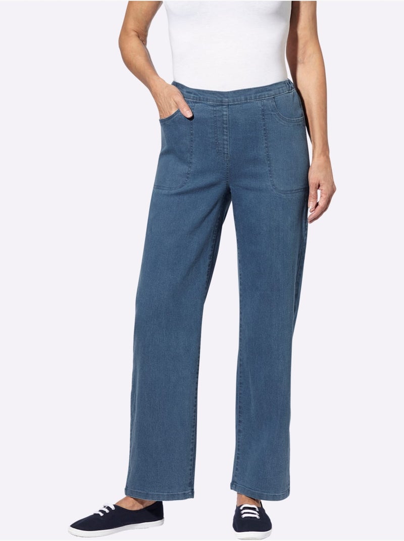 Jean à ceinture élastique avec jambes larges et poches - taille courte - moda vilona Bleu Blanc - Kiabi