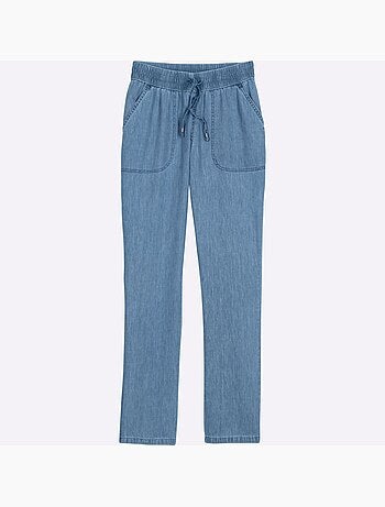 Jean à ceinture smockée avec poches en biais et lien à nouer - Taille courte - Moda Vilona
