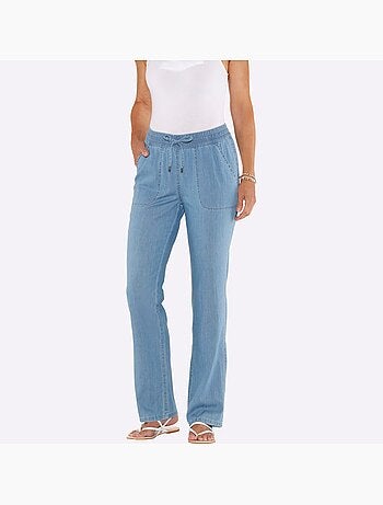 Jean à ceinture smockée avec poches en biais et lien à nouer - Taille courte - Moda Vilona