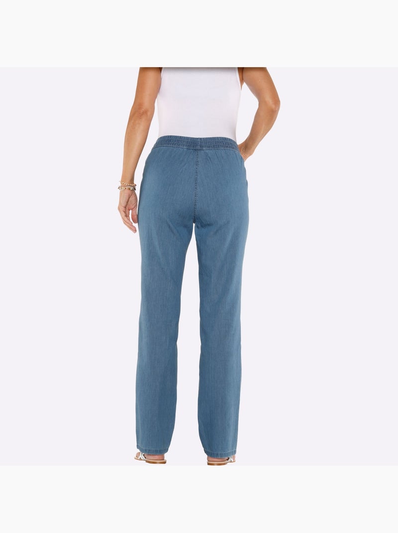 Jean à ceinture smockée avec poches en biais et lien à nouer - Taille courte - Moda Vilona Bleu Blanc - Kiabi