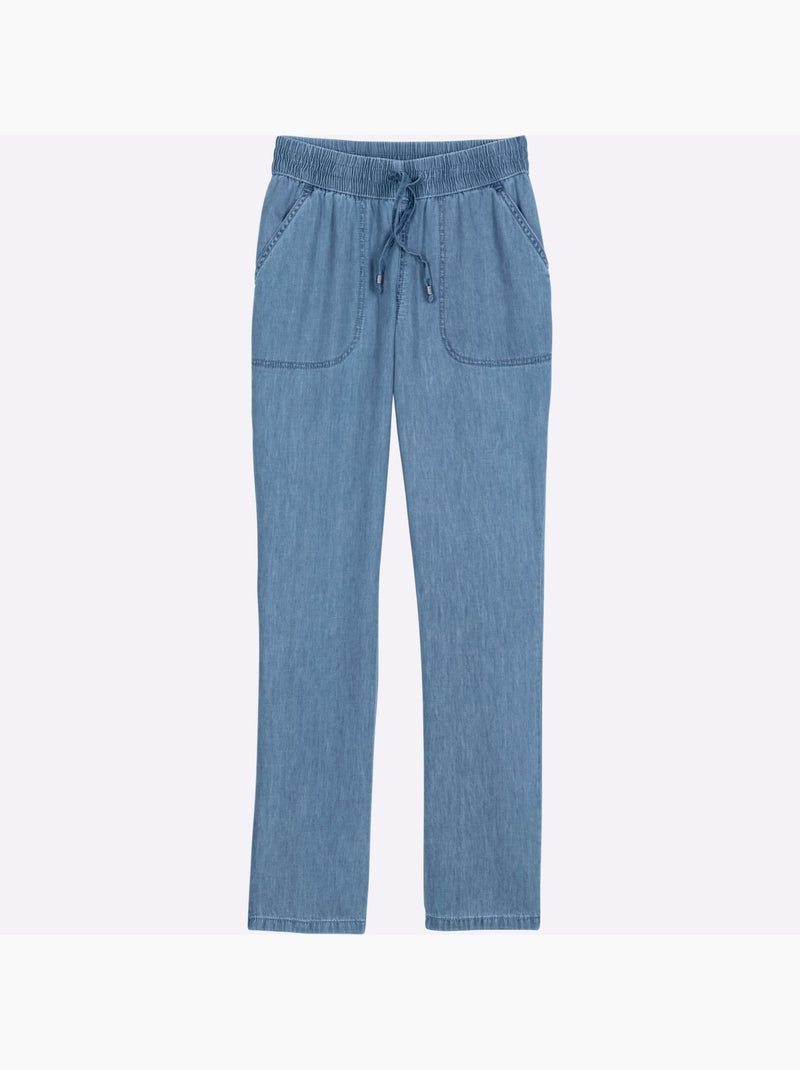 Jean à ceinture smockée avec poches en biais et lien à nouer - Taille courte - Moda Vilona Bleu Blanc - Kiabi
