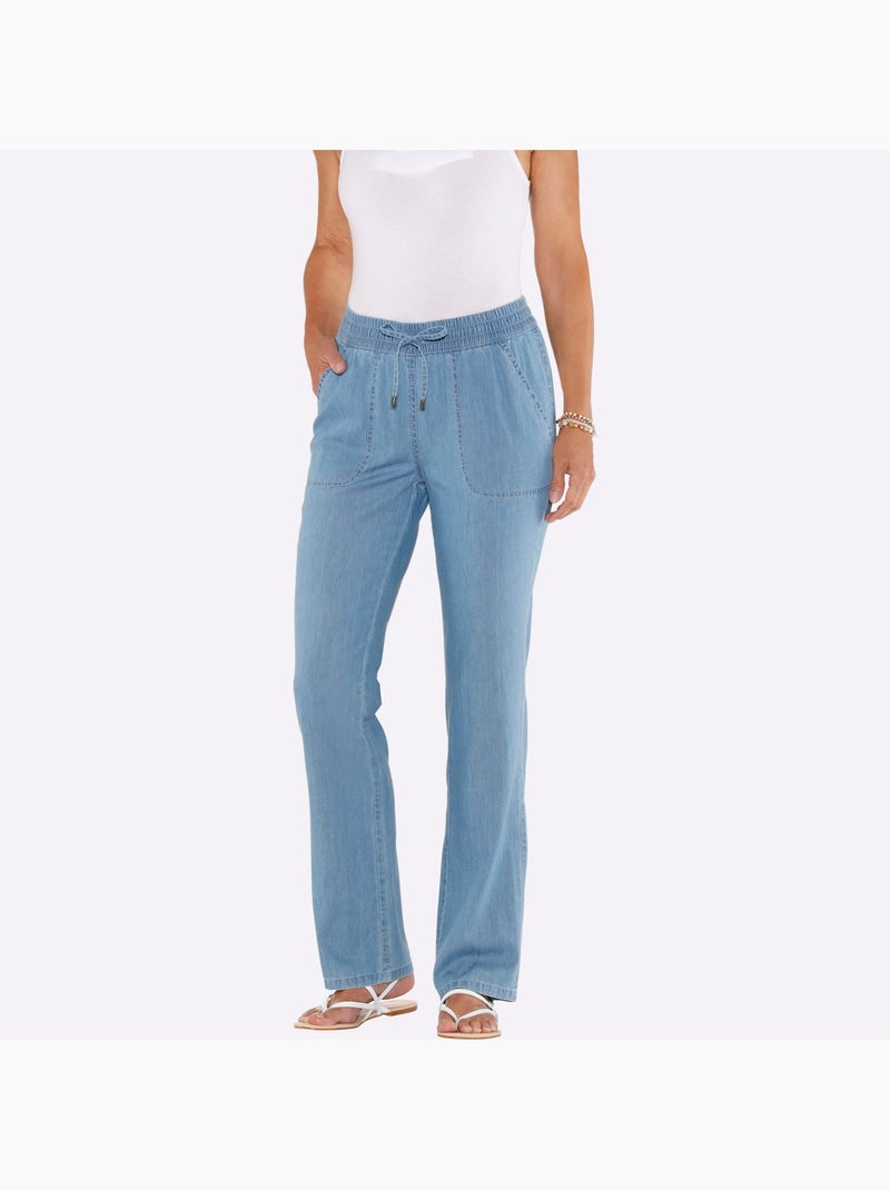 Jean à ceinture smockée avec poches en biais et lien à nouer - Taille courte - Moda Vilona Bleu Blanc - Kiabi
