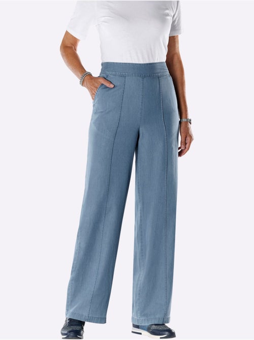 Jean à la coupe haute avec jambes larges et ceinture élastique - Taille standard - Moda Vilona - Kiabi Jean à la coupe haute avec jambes larges et ceinture élastique - Taille standard - Moda Vilona - Kiabi