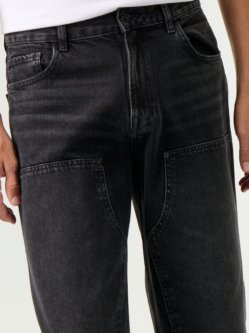 Jean baggy uni avec empiècements fantaisies Noir - Kiabi