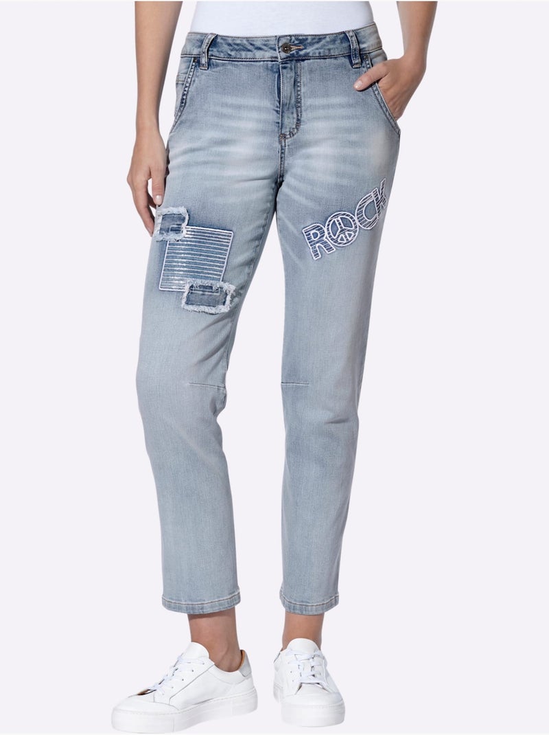 Jean boyfriend coton extensible confortable - taille standard - helline Bleu Blanc - Kiabi