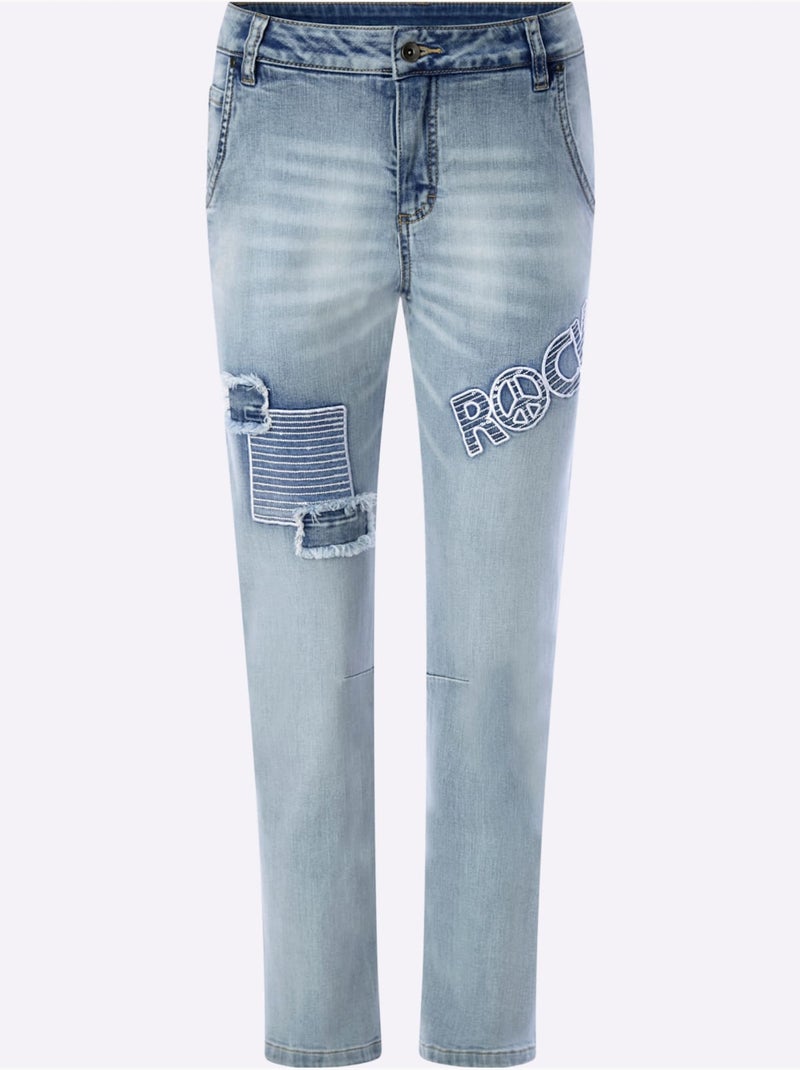 Jean boyfriend coton extensible confortable - taille standard - helline Bleu Blanc - Kiabi