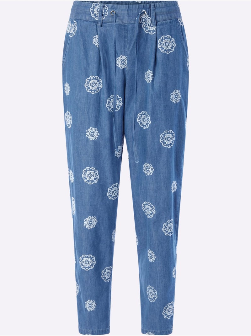 Jean broderie florale - taille standard - helline Bleu Blanc - Kiabi