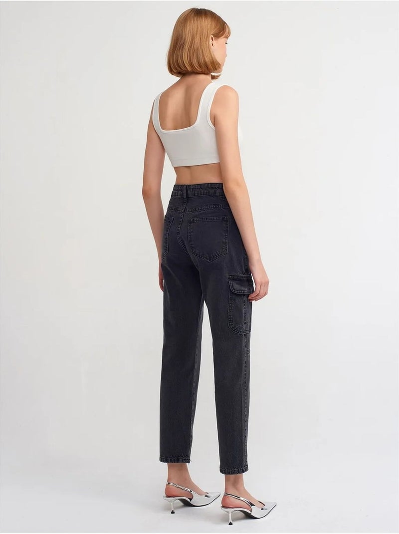 Jean cargo droit taille haute dilvin Noir - Kiabi