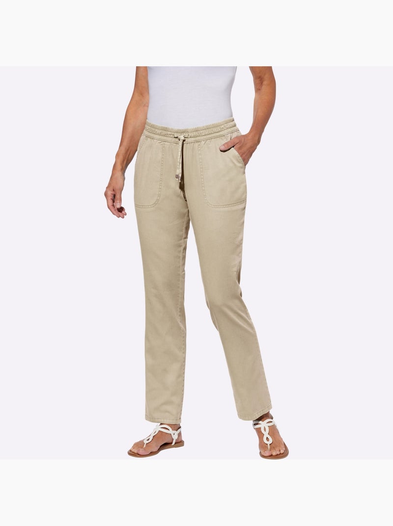 Jean ceinture smockée avec lien à nouer et deux poches en biais - taille standard - moda vilona Sable - Kiabi