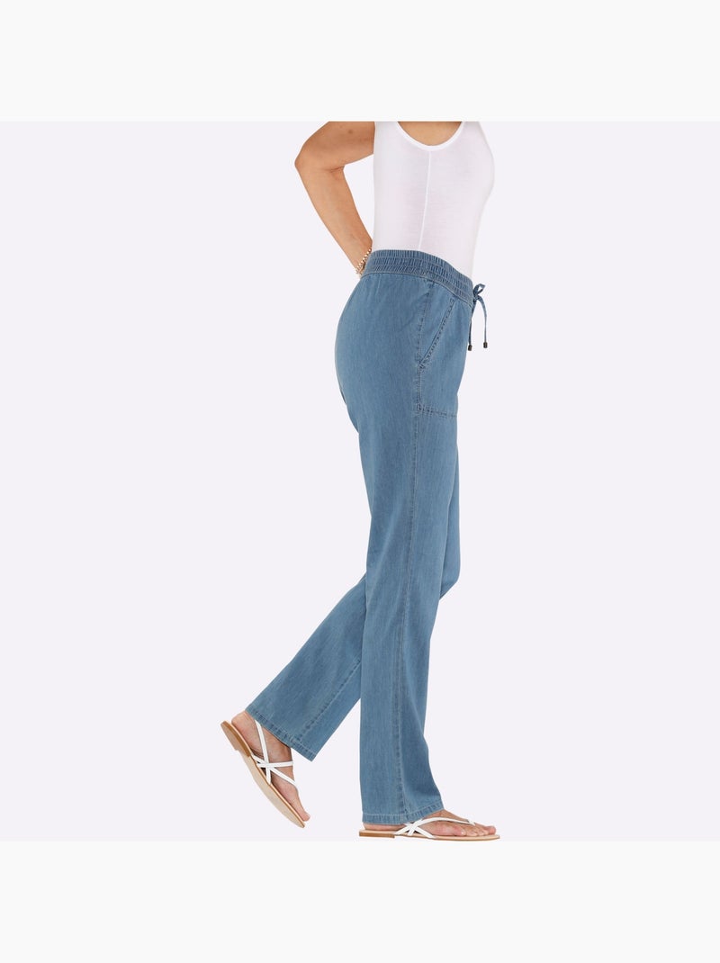 Jean ceinture smockée avec poches en biais et lien à nouer - Taille standard - Moda Vilona Bleu Blanc - Kiabi