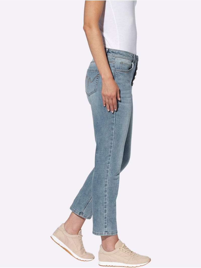 Jean coupe 5 poches en stretch et boutons décoratifs - Taille standard - Helline Bleu Blanc - Kiabi