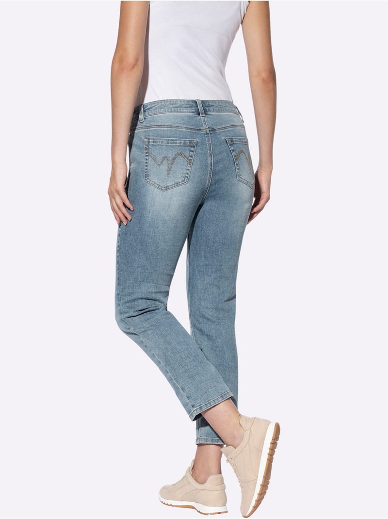 Jean coupe 5 poches en stretch et boutons décoratifs - Taille standard - Helline Bleu Blanc - Kiabi
