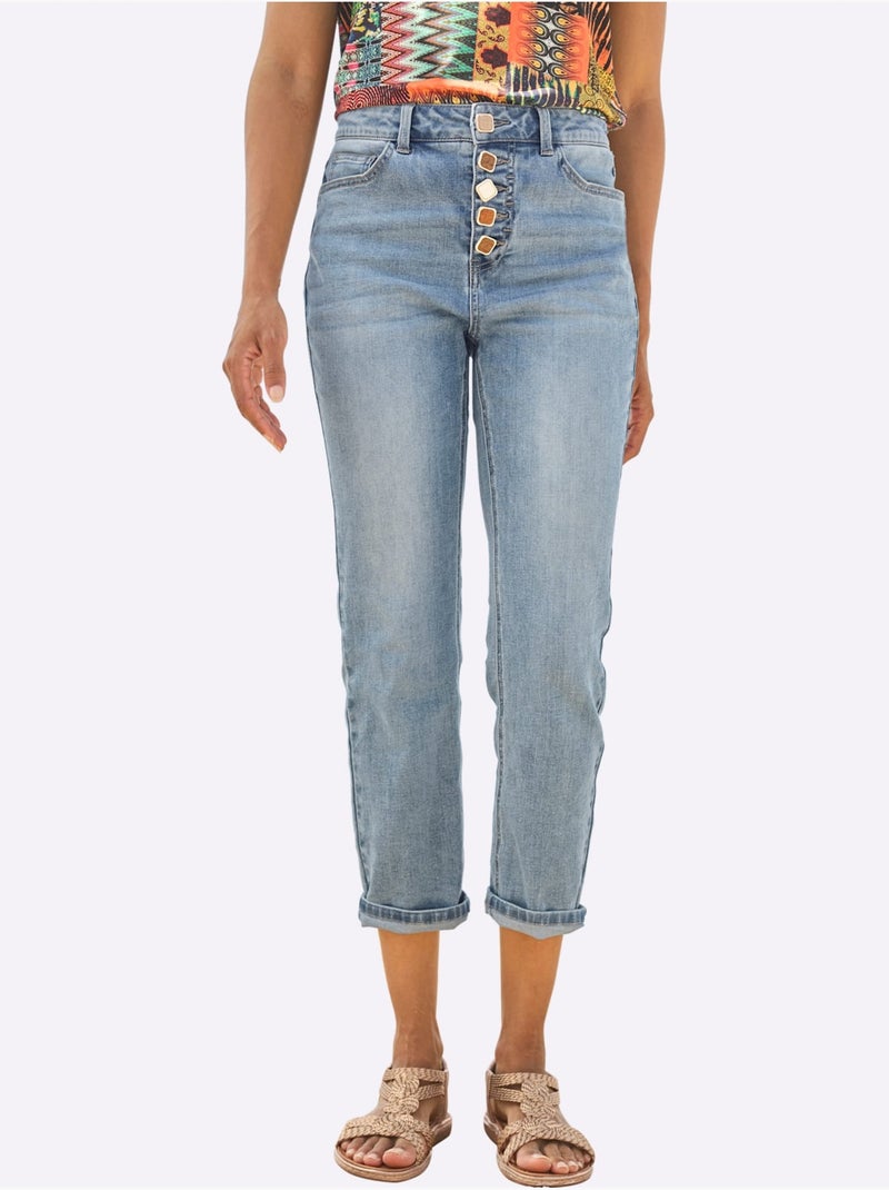 Jean coupe 5 poches en stretch et boutons décoratifs - Taille standard - Helline Bleu Blanc - Kiabi