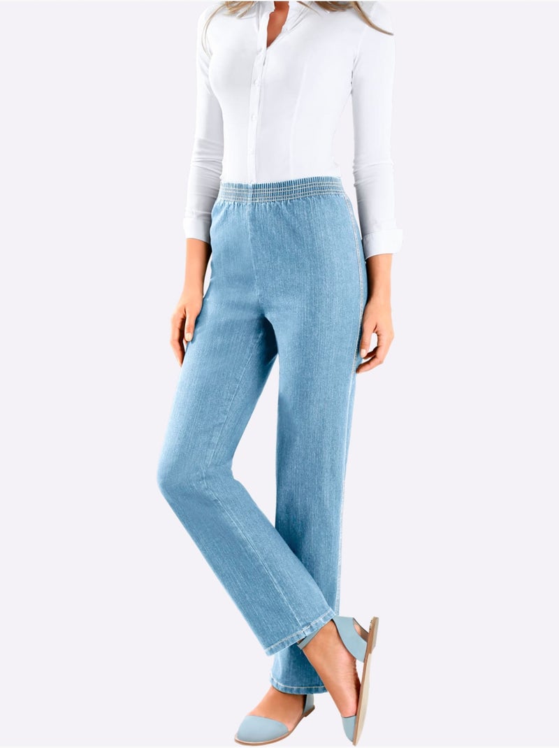 Jean coupe droite à ceinture élastique et confortable en matière douce - Taille courte - Moda Vilona Bleu Blanc - Kiabi