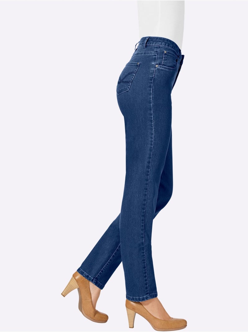 Jean coupe droite à cinq poches avec rivets et ceinture à passants - Taille extra courte - Witt Bleu jean - Kiabi