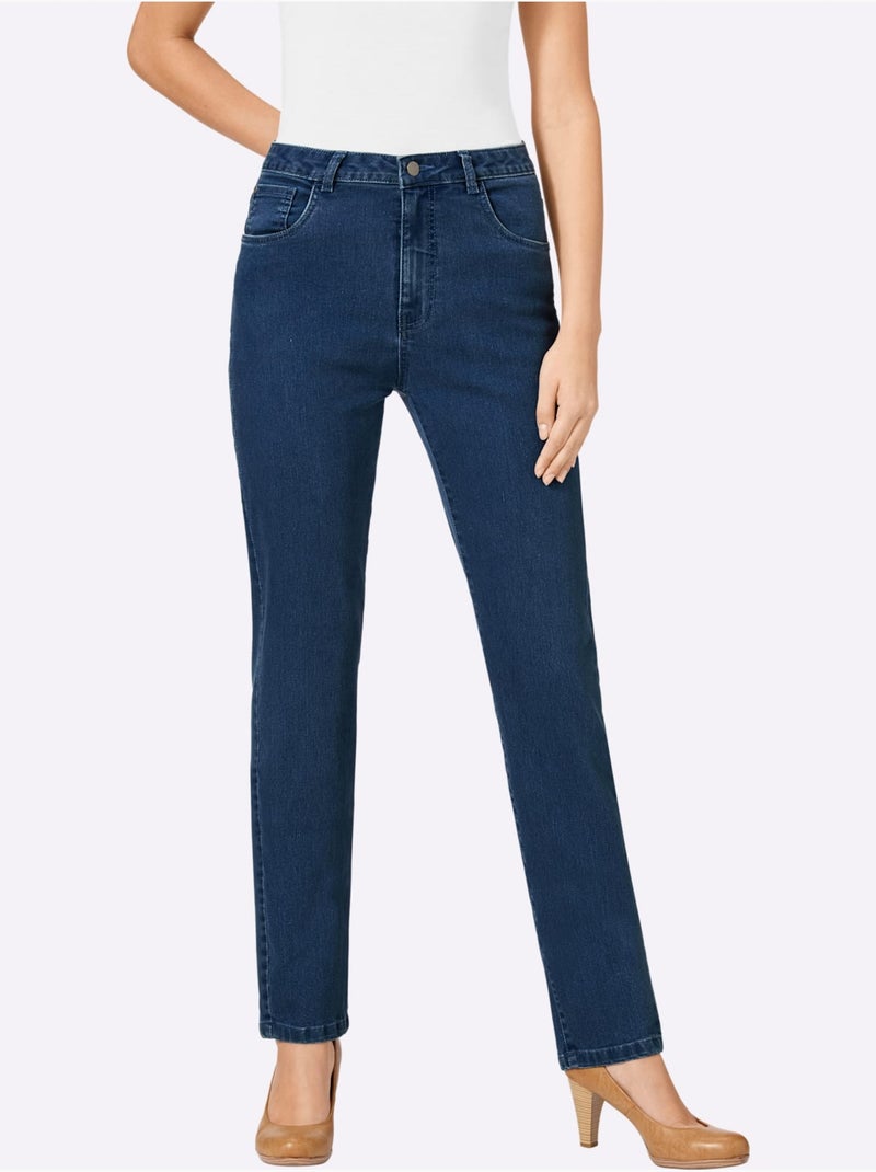 Jean coupe droite à cinq poches avec rivets et ceinture à passants - Taille extra courte - Witt Bleu jean - Kiabi