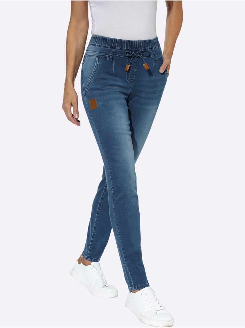 Jean décontracté à ceinture élastique avec poches et coulisse - Taille courte - Witt Bleu jean - Kiabi