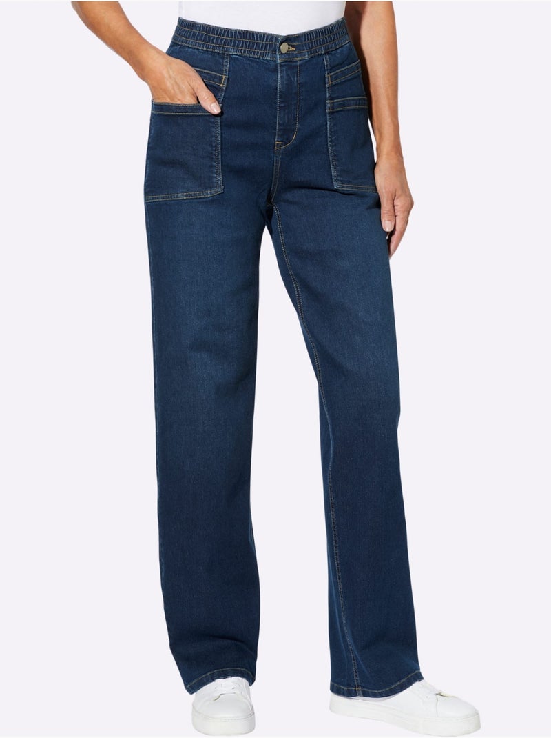 Jean denim à jambes larges avec ceinture élastique et poches - taille standard - moda vilona Bleu jean - Kiabi