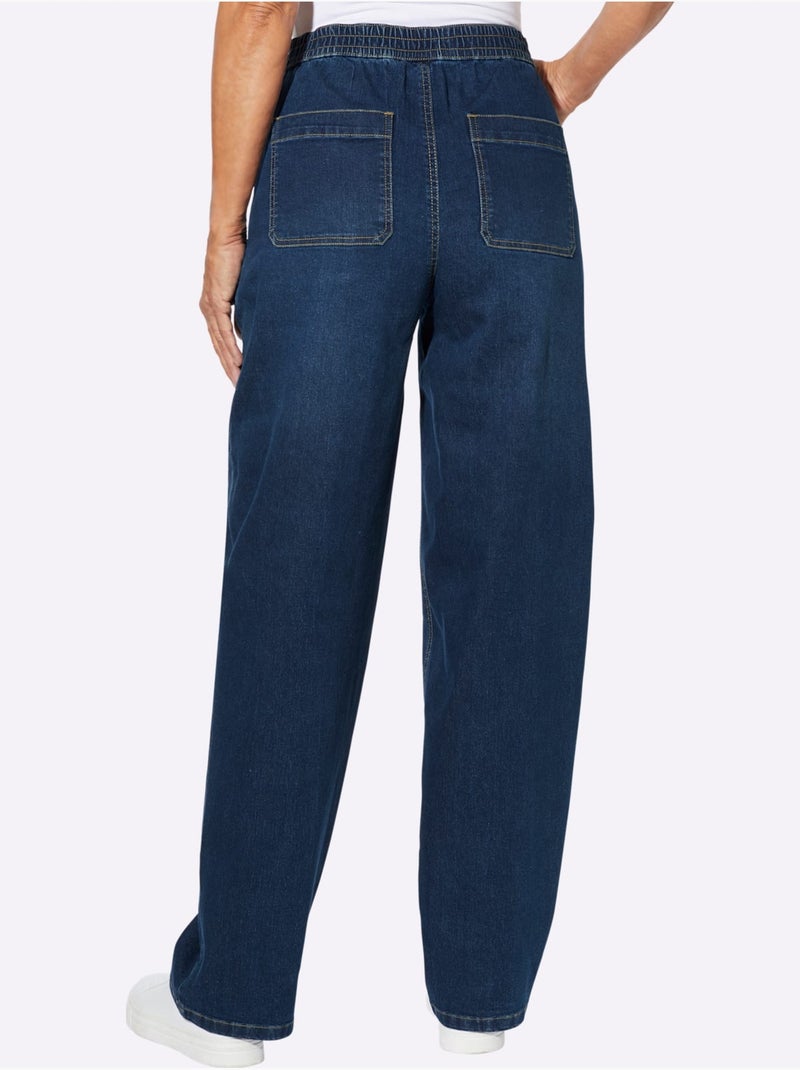Jean denim à jambes larges avec ceinture élastique et poches - taille standard - moda vilona Bleu jean - Kiabi