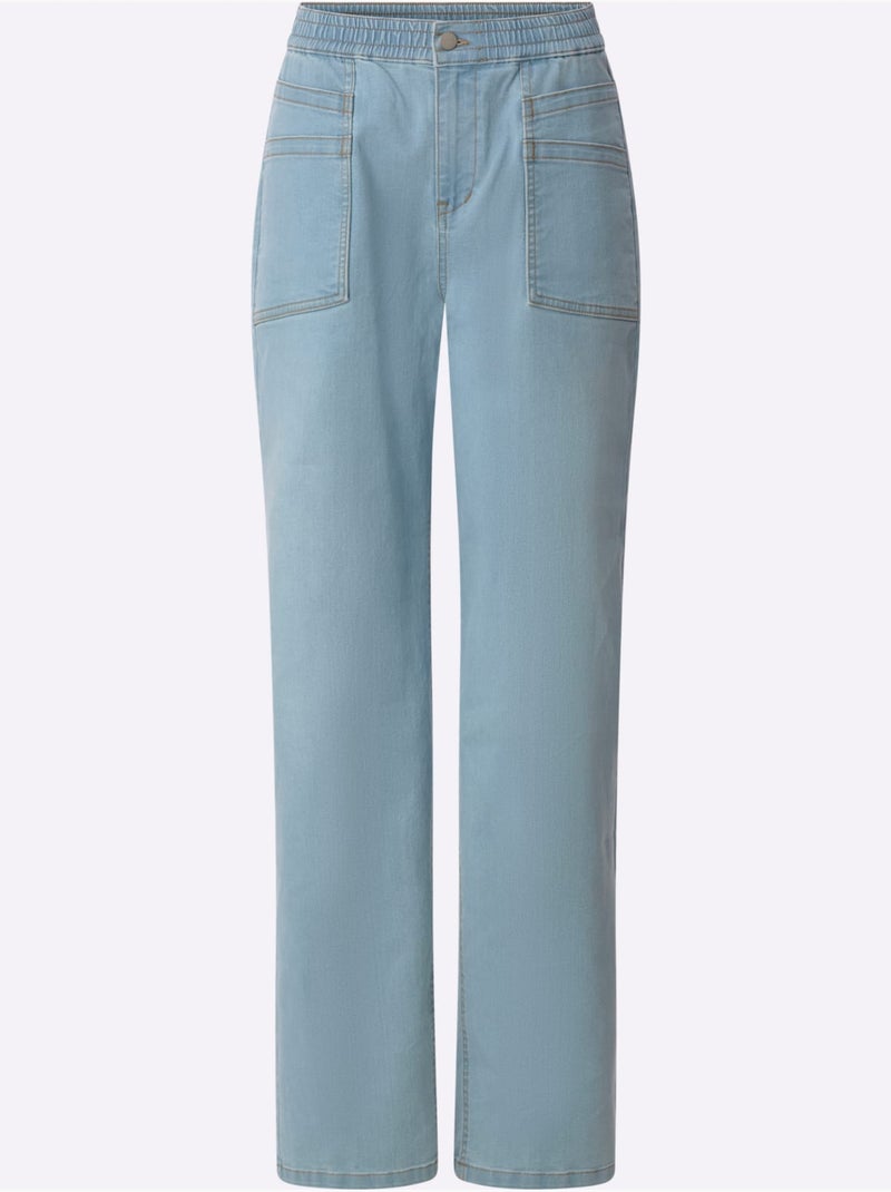 Jean denim doux à jambes larges avec ceinture élastique et poches - taille standard - moda vilona Bleu Blanc - Kiabi