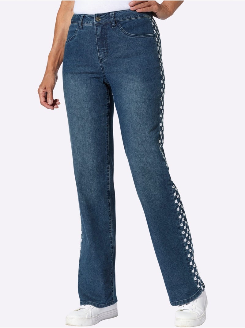 Jean denim doux avec broderie fantaisie et jambes larges - Taille standard - Moda Vilona Bleu jean - Kiabi