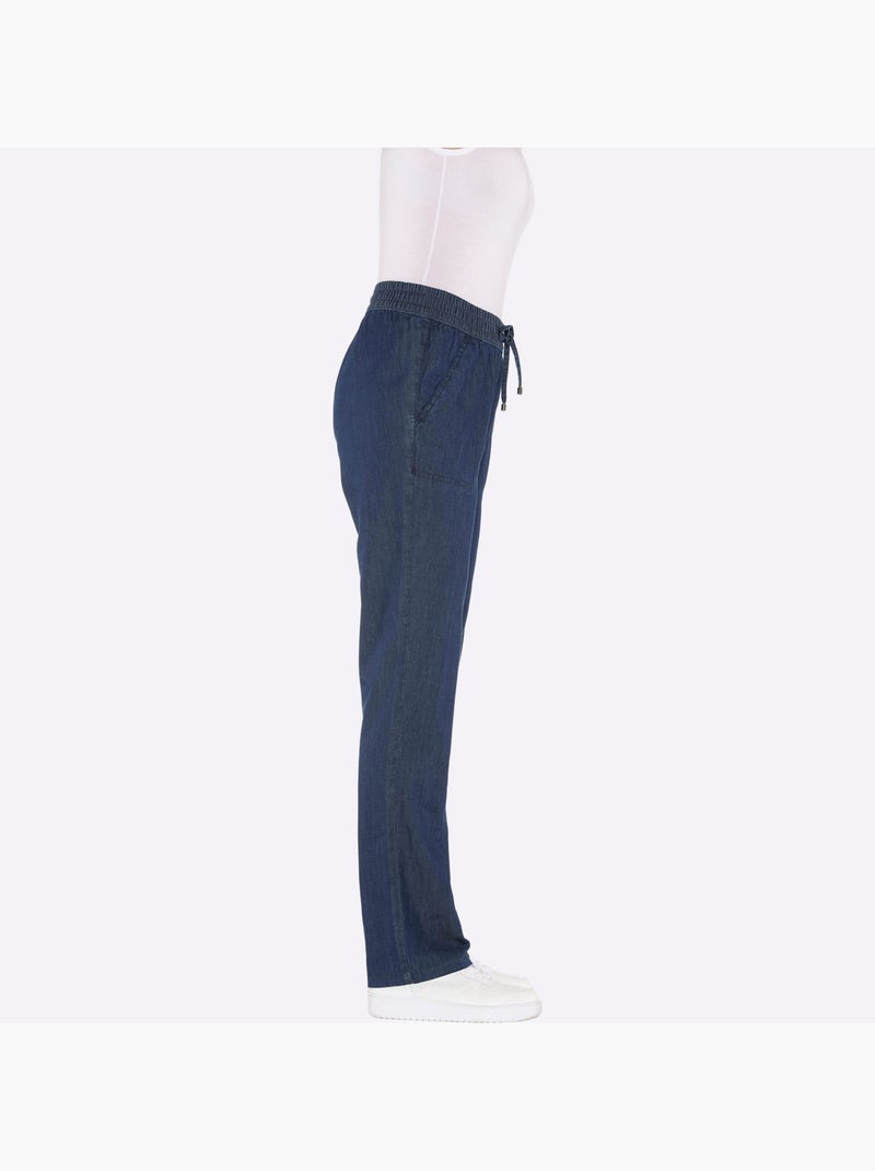 Jean doux avec ceinture élastique smockée et poches en biais - Taille standard - Moda Vilona Bleu jean - Kiabi