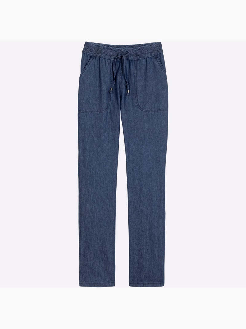 Jean doux avec ceinture élastique smockée et poches en biais - Taille standard - Moda Vilona Bleu jean - Kiabi