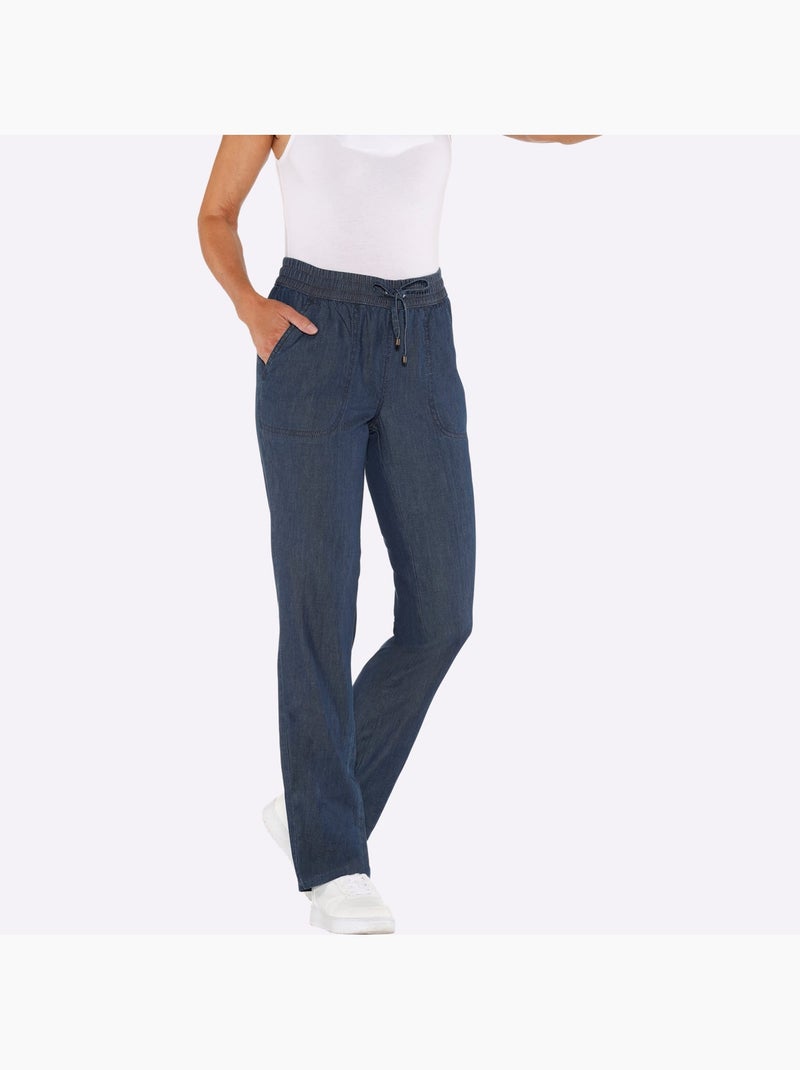 Jean doux avec ceinture élastique smockée et poches en biais - Taille standard - Moda Vilona Bleu jean - Kiabi