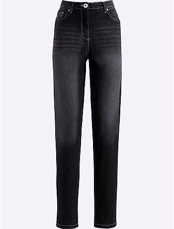 Jean droit à taille haute avec coutures délavées et poches arrière. - taille courte - moda vilona