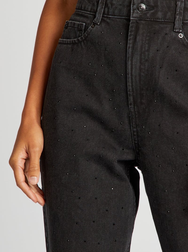 Jean droit à taille haute avec strass - Noir - 25.00€ - Kiabi
