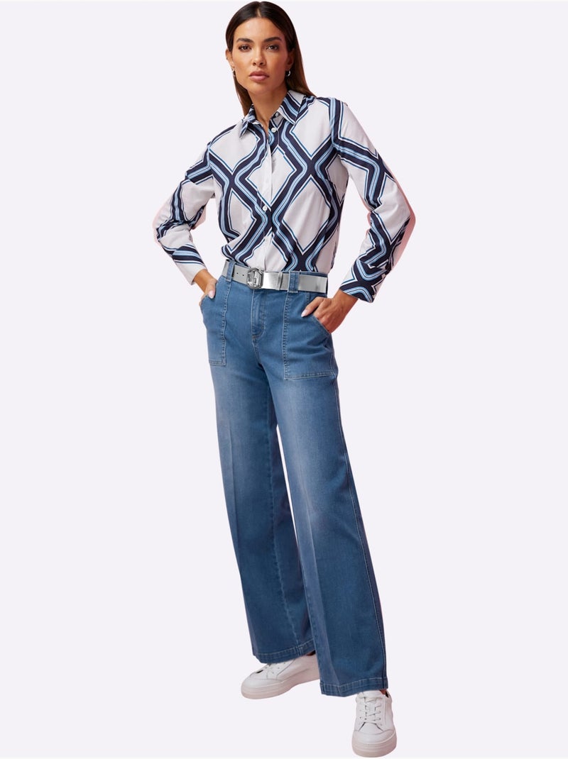 Jean Droit Coupe Tendance Et Large - Taille Standard - Helline Bleu Blanc - Kiabi