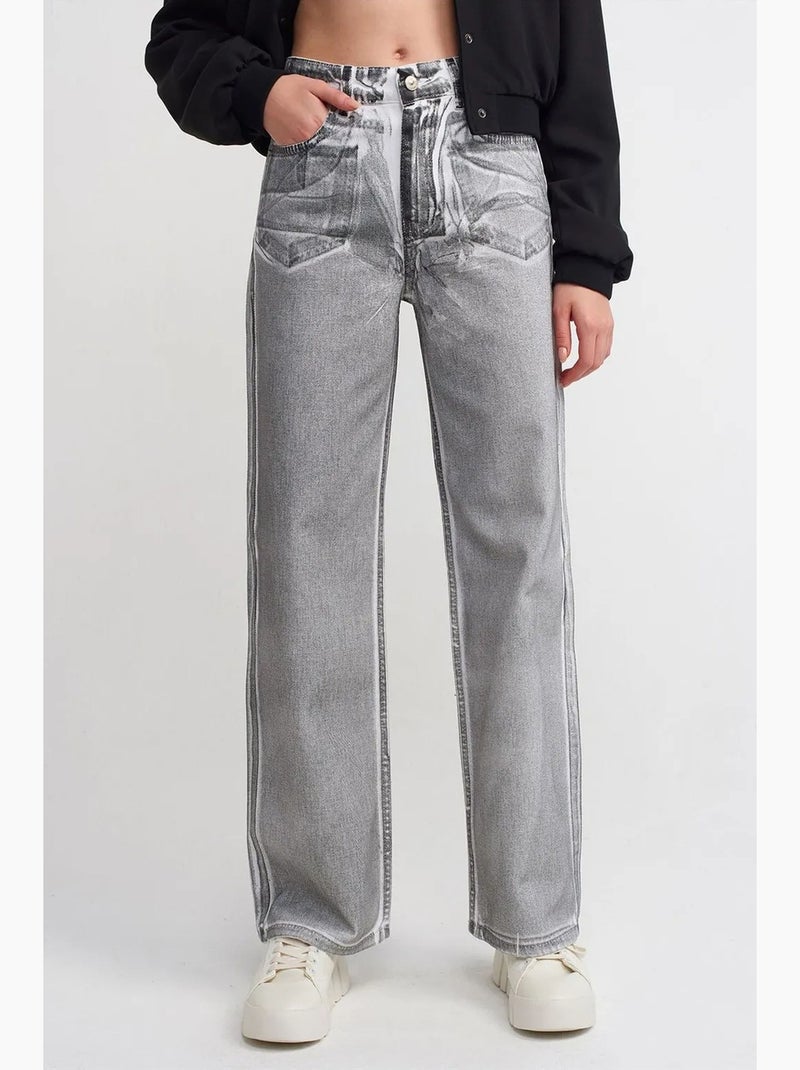 Jean droit en de coton à taille haute dilvin Gris clair - Kiabi