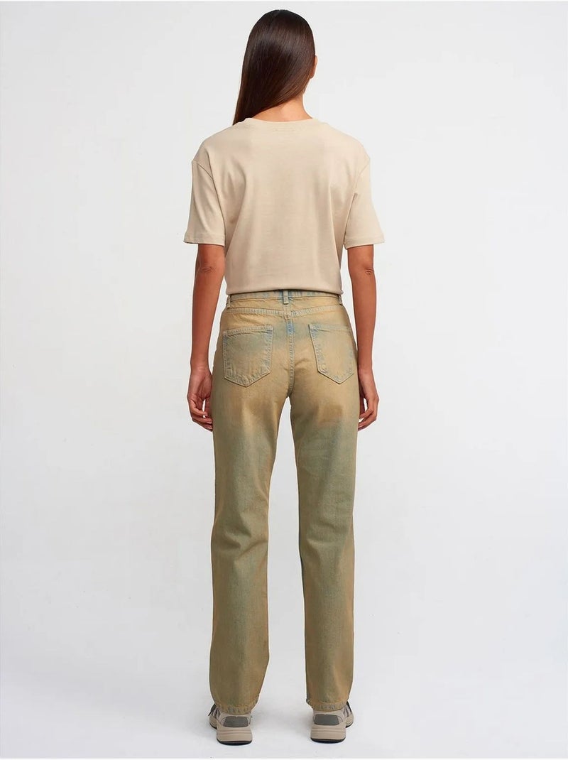 Jean droit en denim de coton à taille mi-haute dilvin Kaki - Kiabi