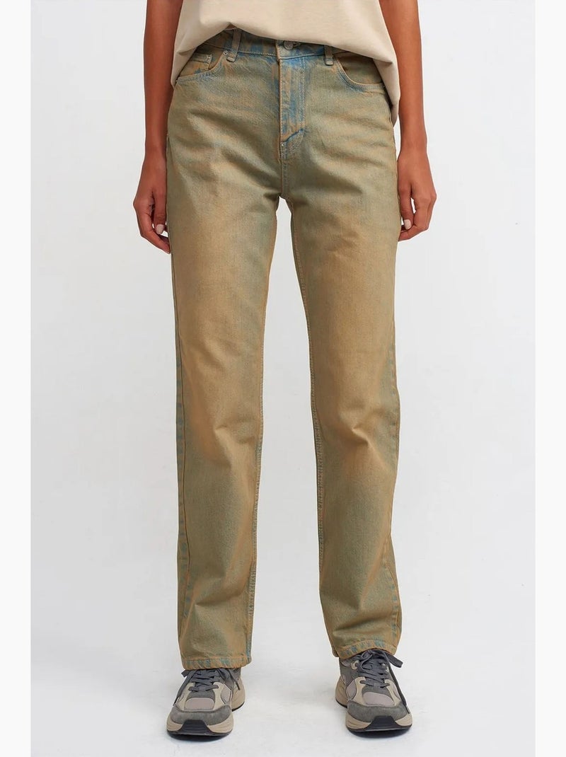 Jean droit en denim de coton à taille mi-haute dilvin Kaki - Kiabi