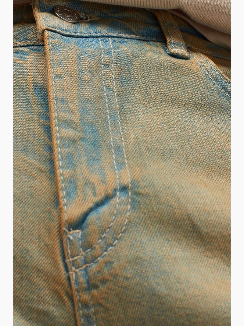 Jean droit en denim de coton à taille mi-haute dilvin Kaki - Kiabi