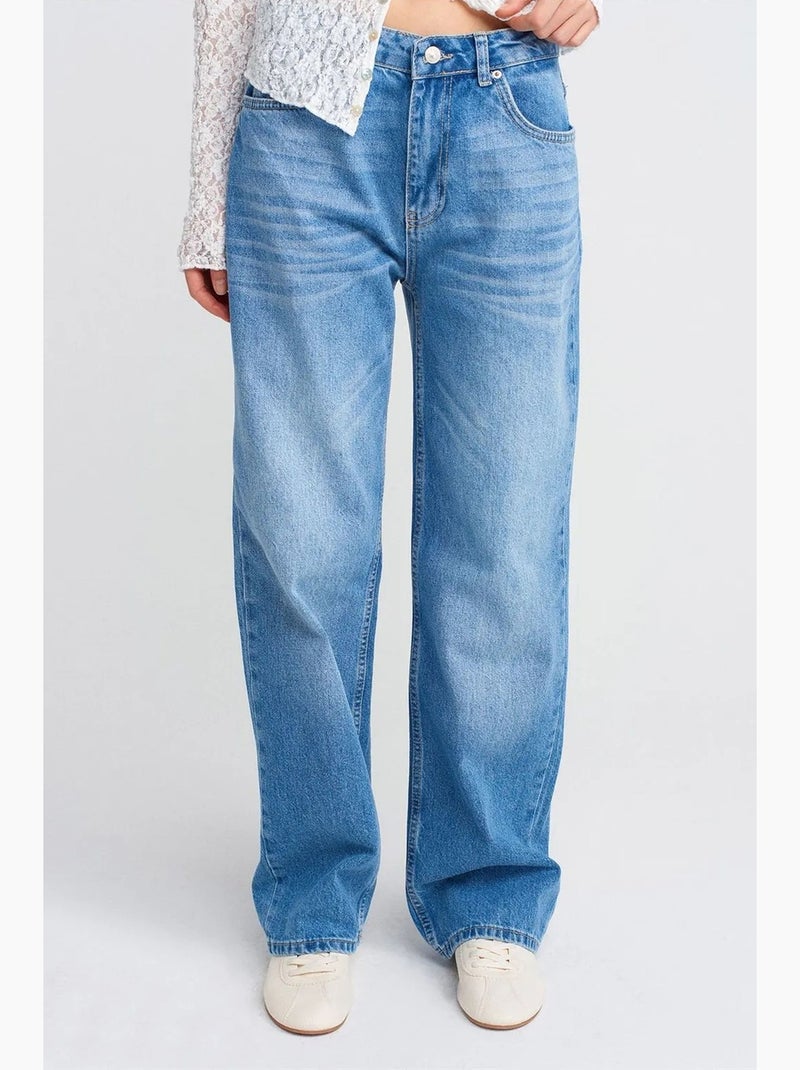 Jean droit en denim de coton, taille haute dilvin Bleu saphir - Kiabi