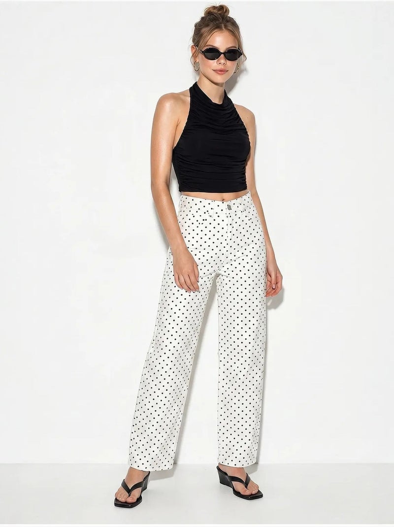 Jean droit taille haute à pois lucci Blanc cassé - Kiabi
