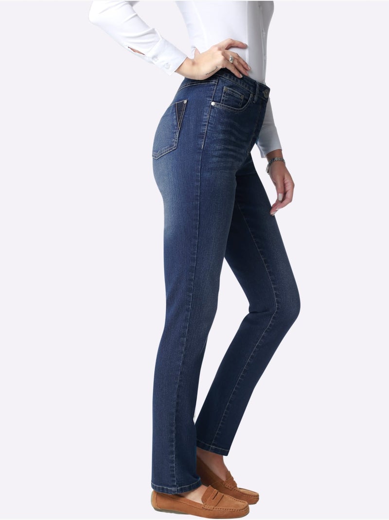 Jean droit taille haute avec passants et poches arrière - taille courte - moda vilona Bleu foncé - Kiabi