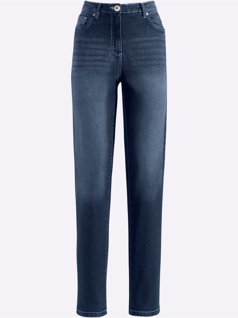 Jean droit taille haute avec passants et poches arrière - taille courte - moda vilona Bleu foncé - Kiabi