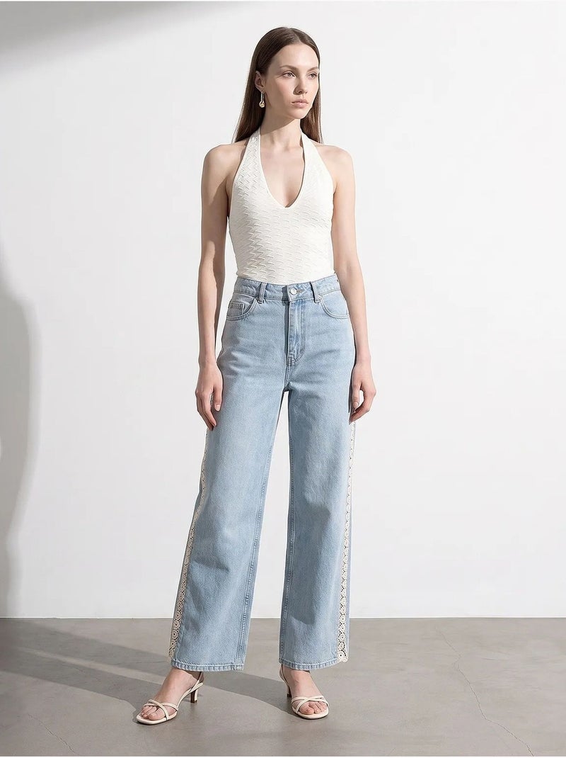 Jean droit taille haute brodé dilvin Bleu clair - Kiabi