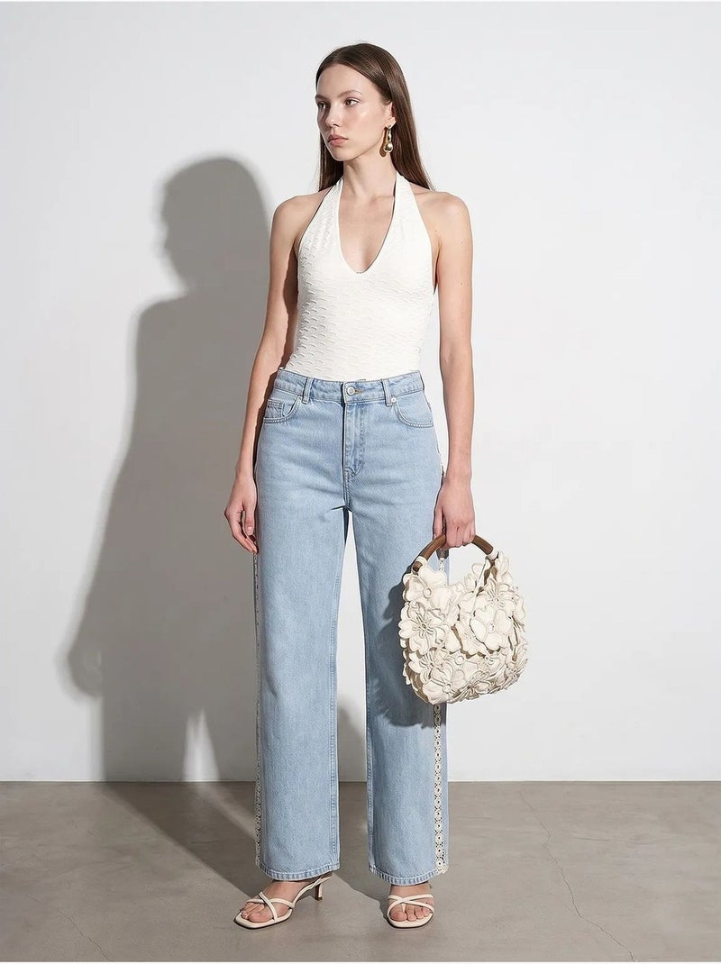 Jean droit taille haute brodé dilvin Bleu clair - Kiabi