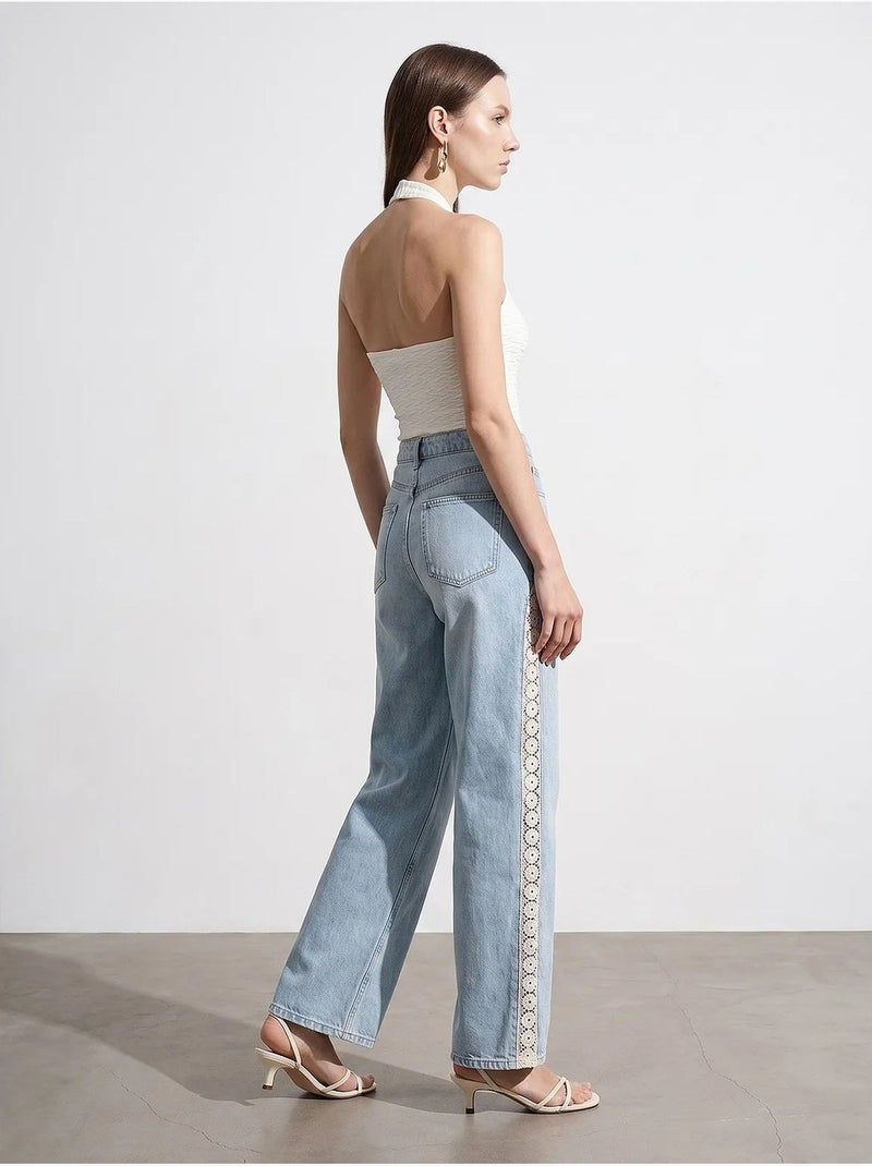 Jean droit taille haute brodé dilvin Bleu clair - Kiabi