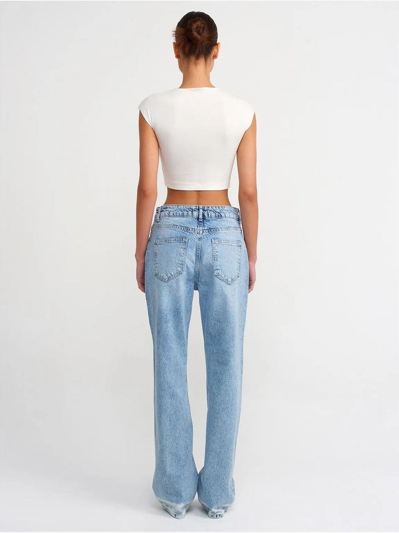Jean droit taille haute en denim de coton dilvin Bleu saphir - Kiabi