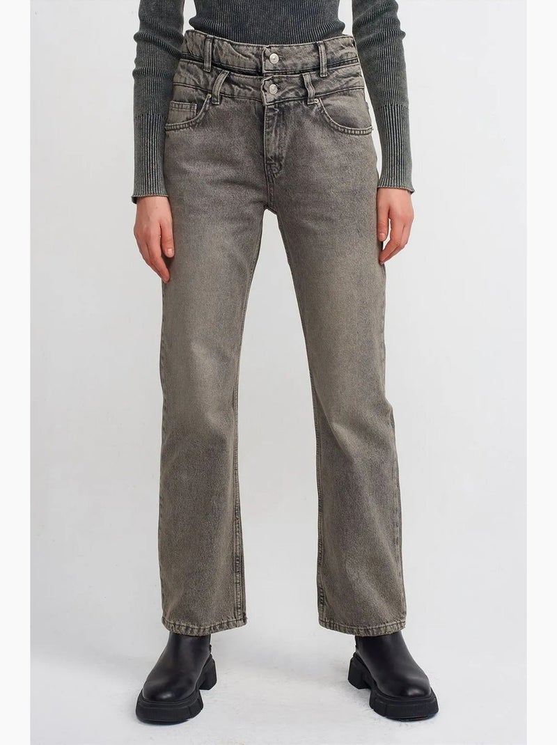 Jean droit taille haute en denim de coton dilvin Gris Noir - Kiabi