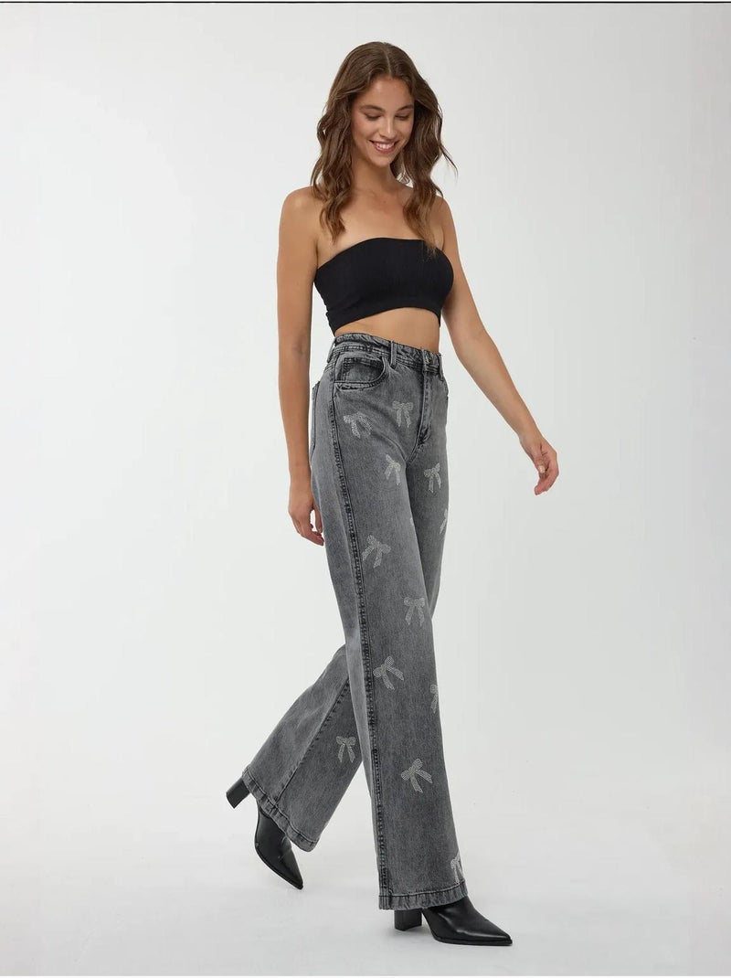 Jean droit taille haute Gris - Kiabi