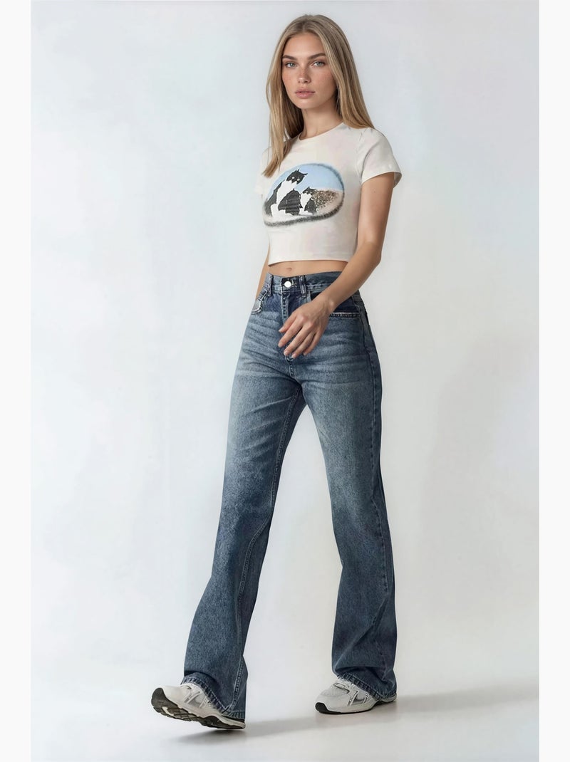 Jean droit taille haute hiccup Bleu saphir - Kiabi